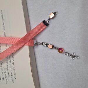 Handmade Coral Grosgrain Ribbon Beaded Bookmark Silver Cross Charm Book Mark